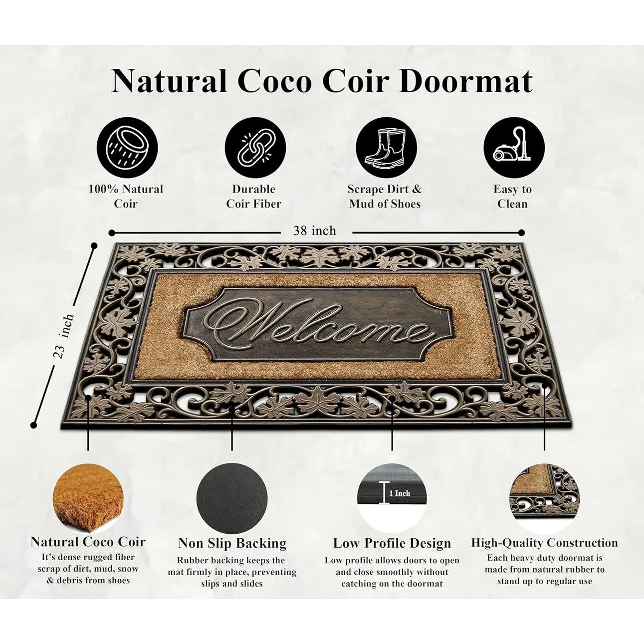 A1HC Rubber & Coir Dirt Trapper Heavy Weight Large Welcome Doormat 23x38. Floral Border
