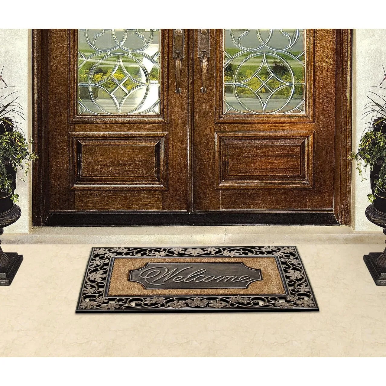 A1HC Rubber & Coir Dirt Trapper Heavy Weight Large Welcome Doormat 23x38. Floral Border