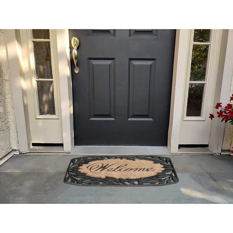 A1HC Welcome Stylish Leaf Border Rubber and Coir Large Heavy-Duty Outdoor Doormat. Black - 23X38