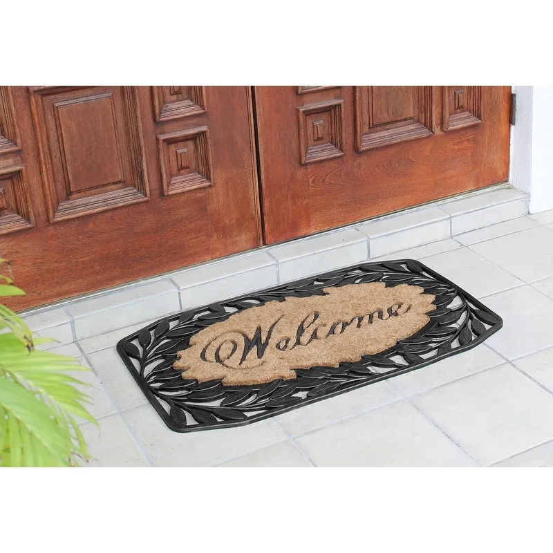 A1HC Welcome Stylish Leaf Border Rubber and Coir Large Heavy-Duty Outdoor Doormat. Black - 23X38