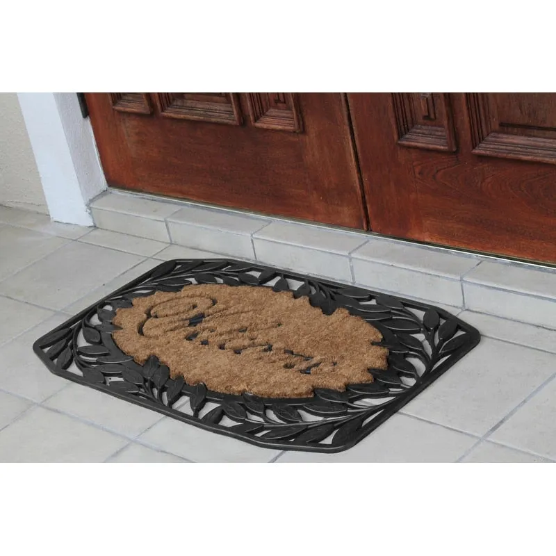 A1HC Welcome Stylish Leaf Border Rubber and Coir Large Heavy-Duty Outdoor Doormat. Black - 23X38