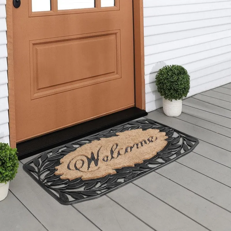 A1HC Welcome Stylish Leaf Border Rubber and Coir Large Heavy-Duty Outdoor Doormat. Black - 23X38