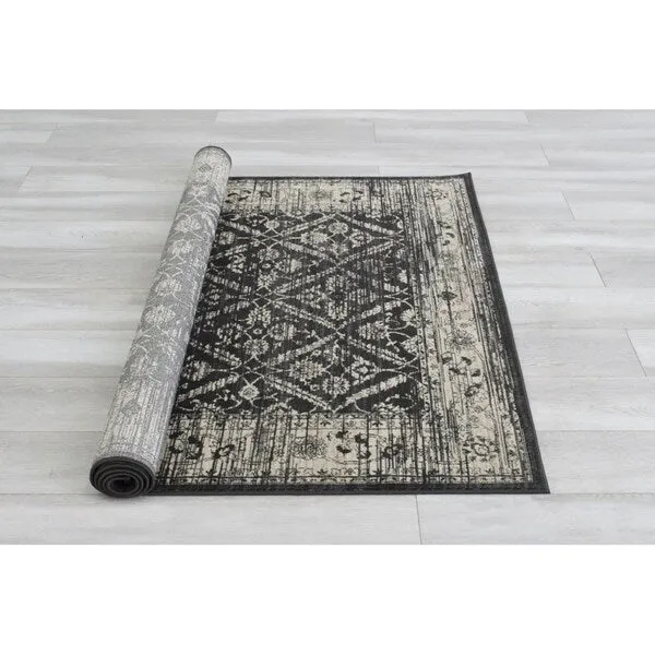 Allstar Rugs Gray and Black Rectangular Accent Area Rug with Beige Diamond Lattice Design - 7' 6x9' 8