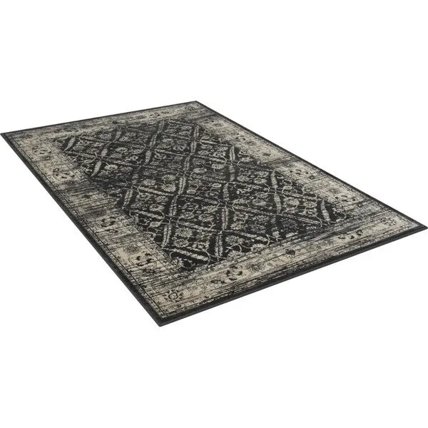 Allstar Rugs Gray and Black Rectangular Accent Area Rug with Beige Diamond Lattice Design - 7' 6x9' 8