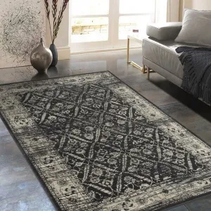 Allstar Rugs Gray and Black Rectangular Accent Area Rug with Beige Diamond Lattice Design - 7' 6x9' 8
