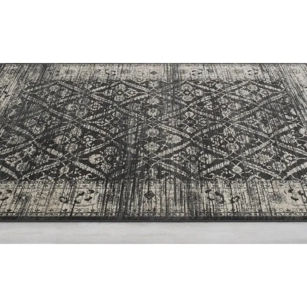Allstar Rugs Gray and Black Rectangular Accent Area Rug with Beige Diamond Lattice Design - 7' 6x9' 8