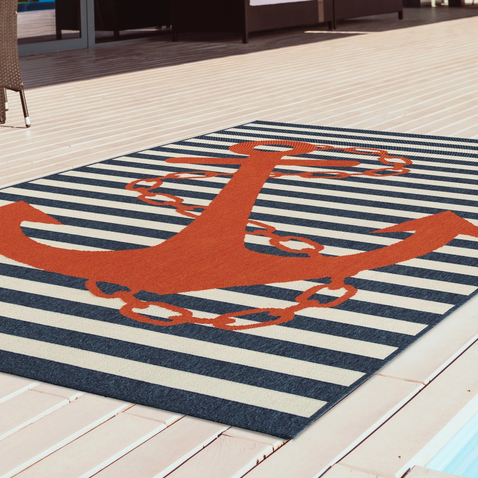Amalie Geometric Border Coastal Polypropylene Indoor/ Outdoor Area Rug