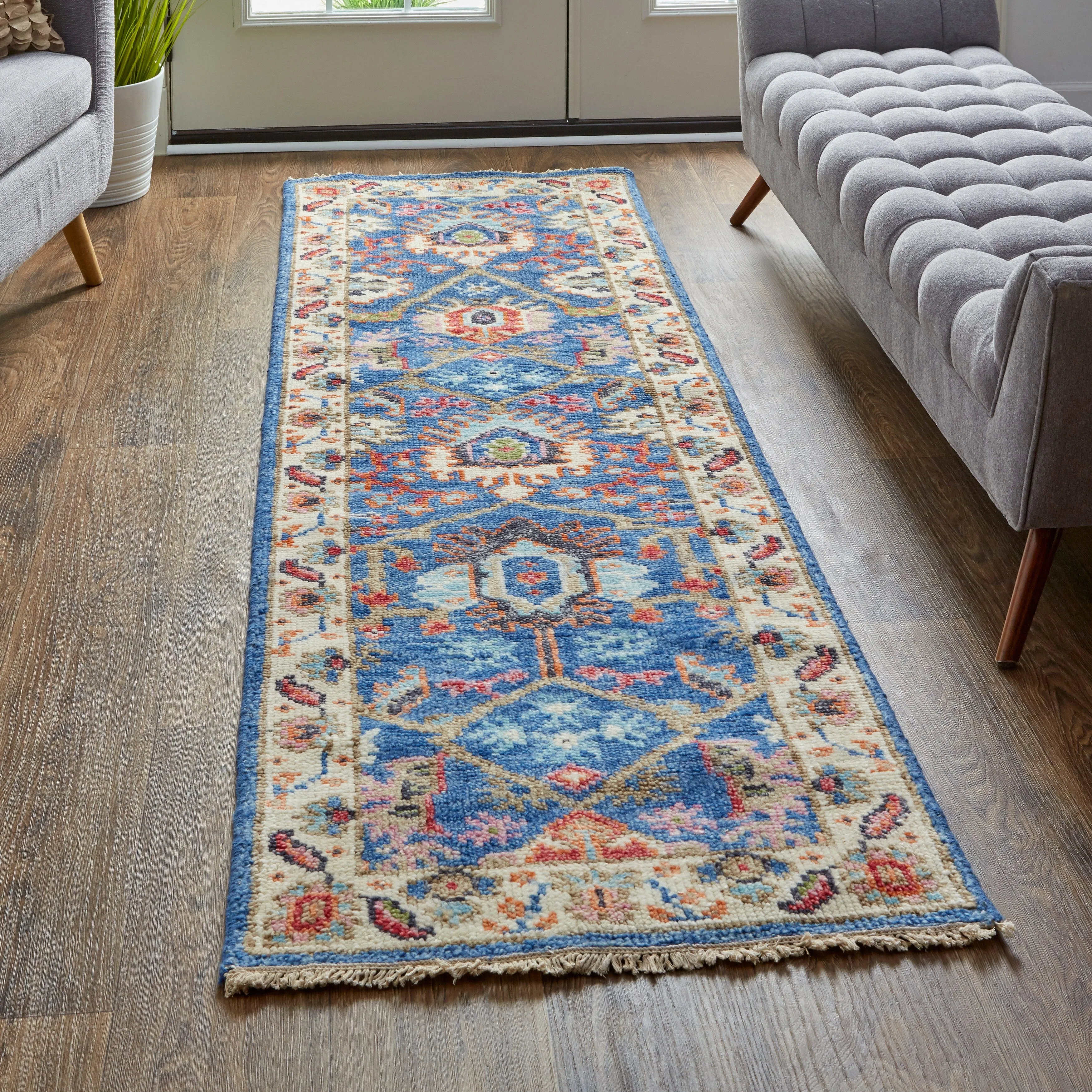 Bennet Luxury Wool Rug. Ornamental Border. Blue. Accent Rug