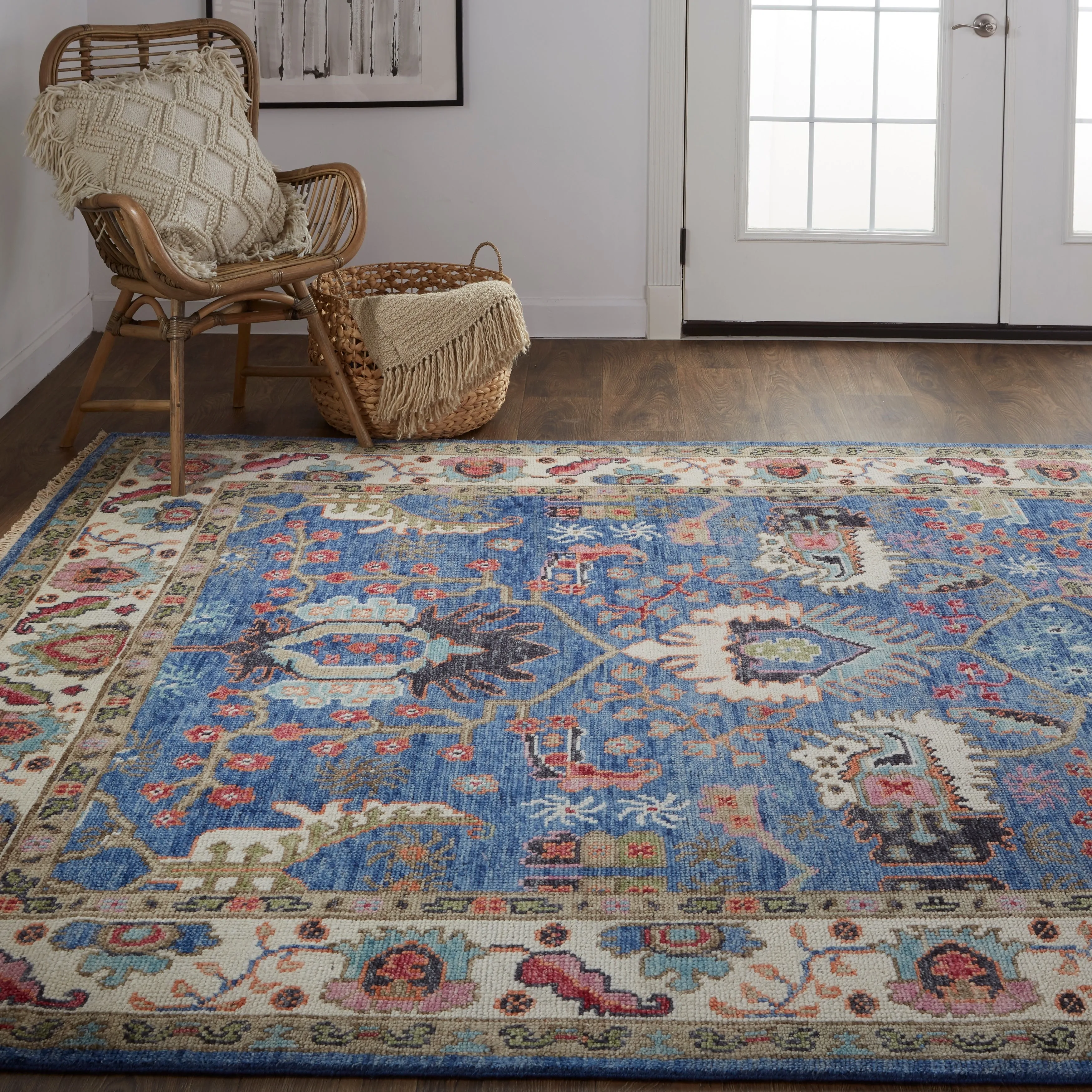 Bennet Luxury Wool Rug. Ornamental Border. Blue. Accent Rug