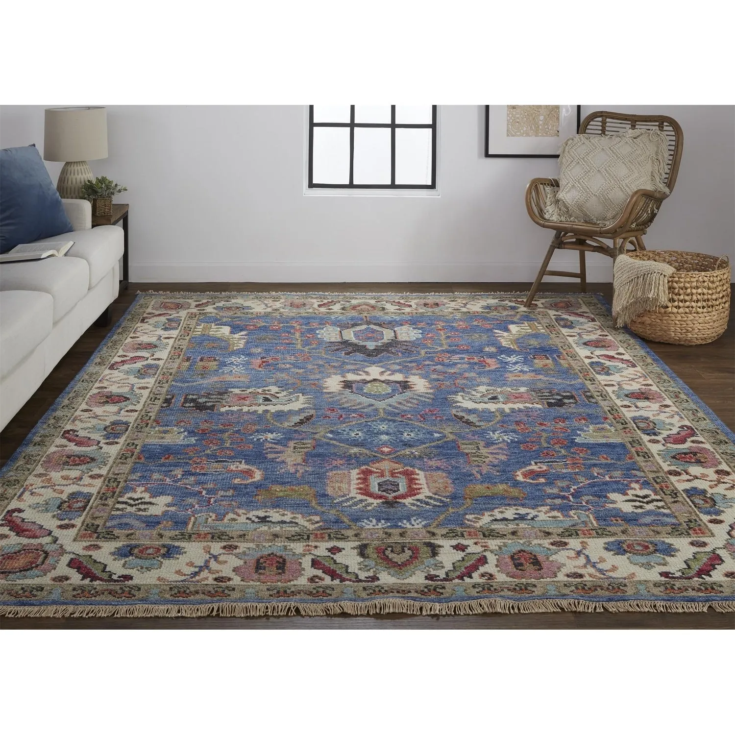 Bennet Luxury Wool Rug. Ornamental Border. Blue. Accent Rug
