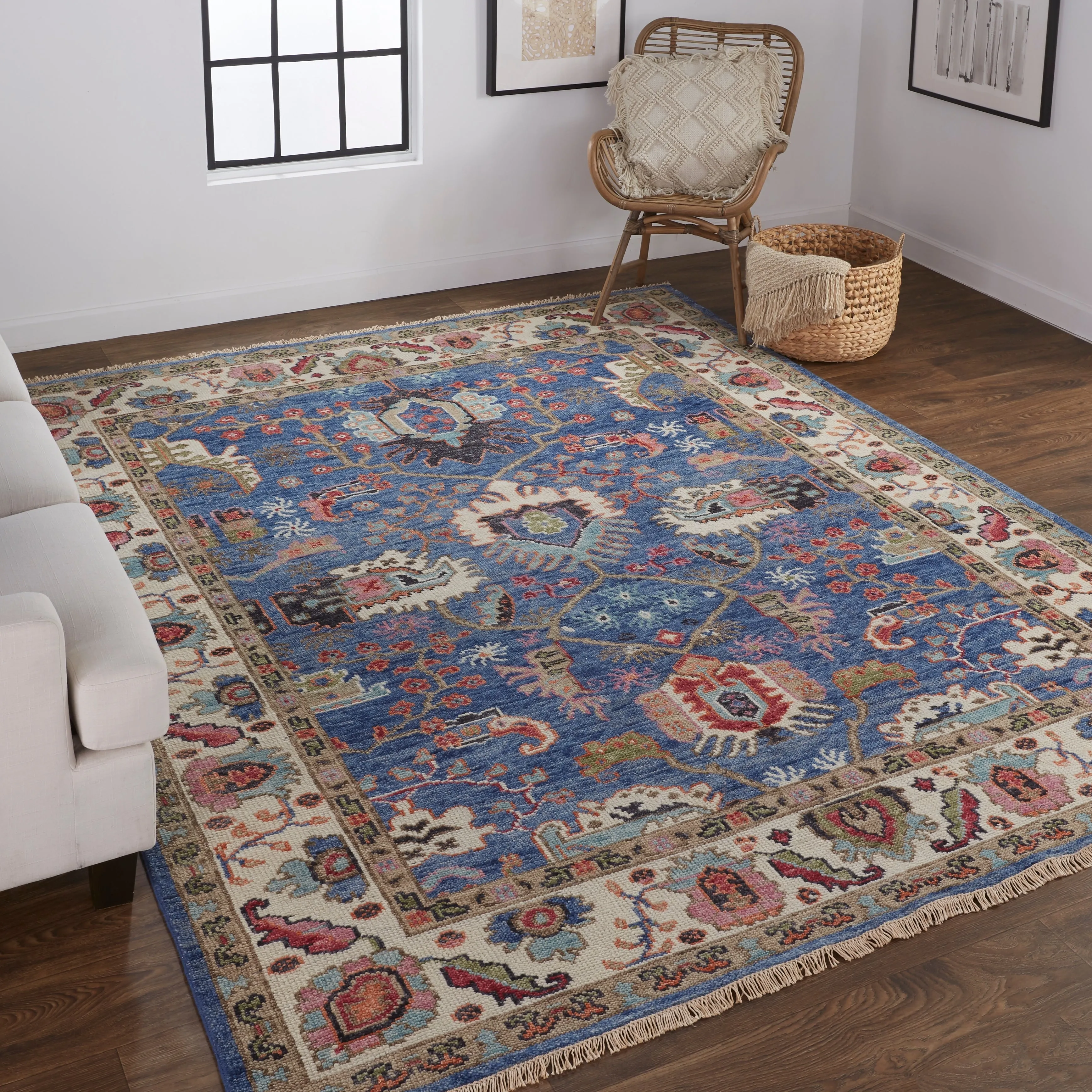 Bennet Luxury Wool Rug. Ornamental Border. Blue. Accent Rug