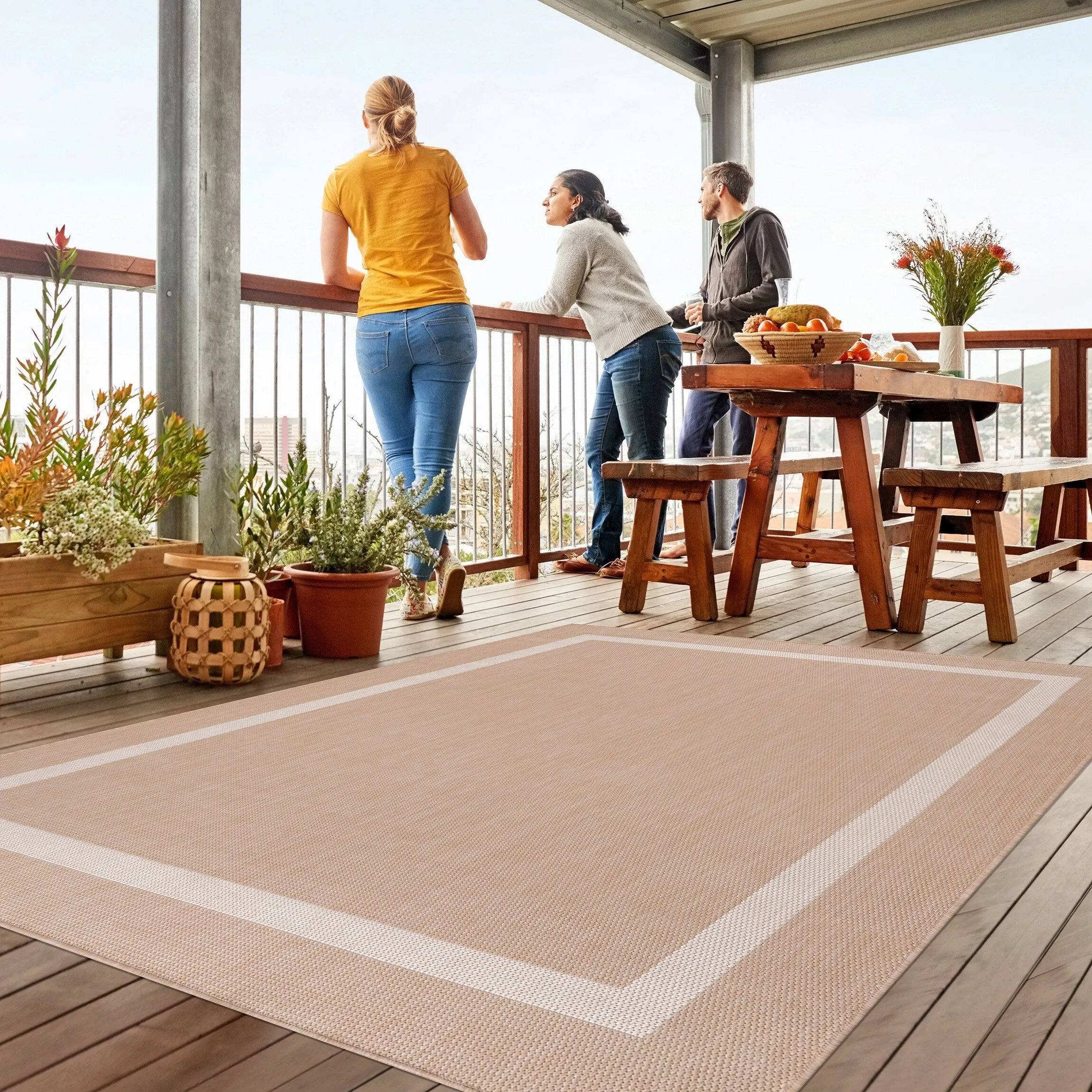 Beverly Rug Bordered Indoor Outdoor Rug. Outside Carpet for Patio. Deck. Porch - Beige