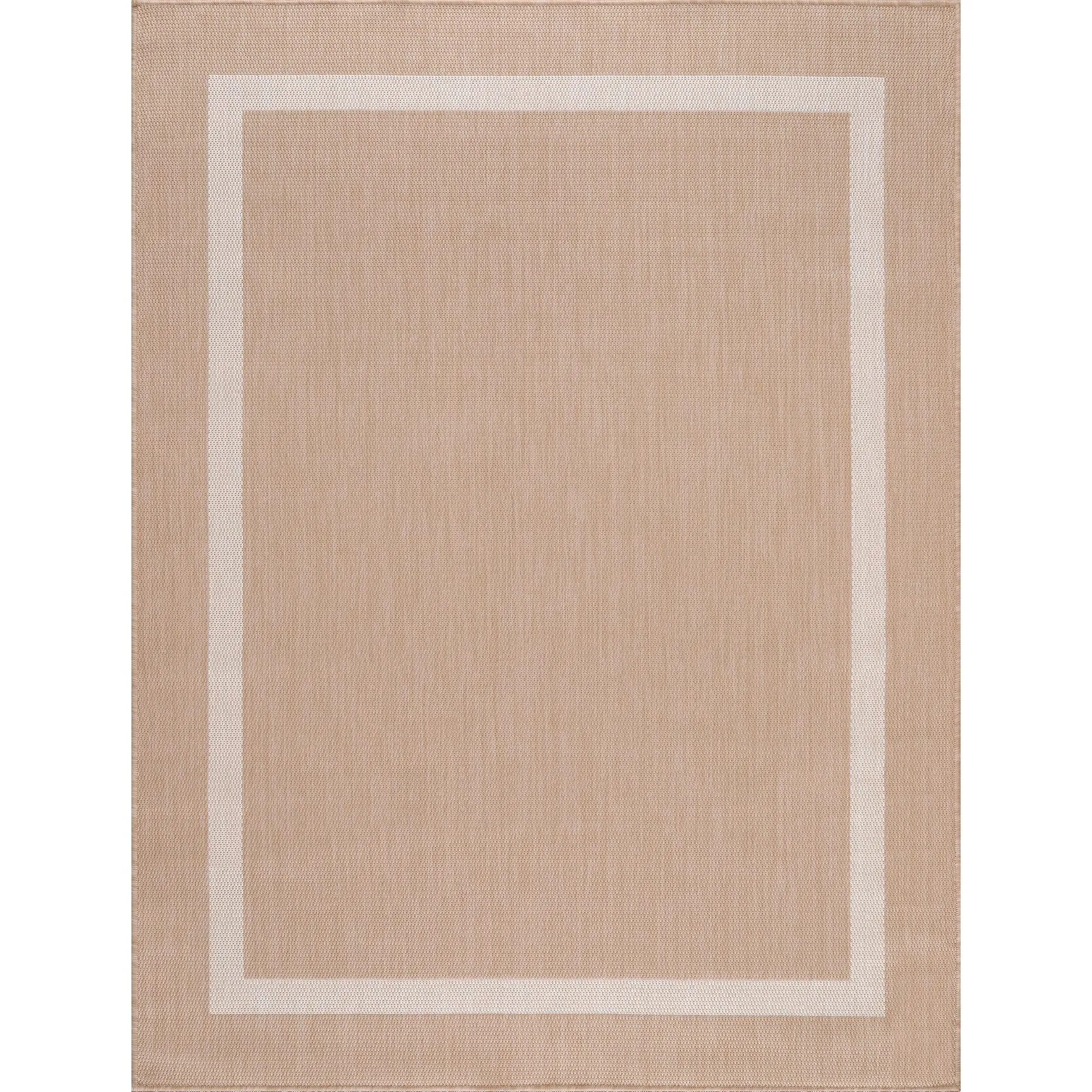 Beverly Rug Bordered Indoor Outdoor Rug. Outside Carpet for Patio. Deck. Porch - Beige