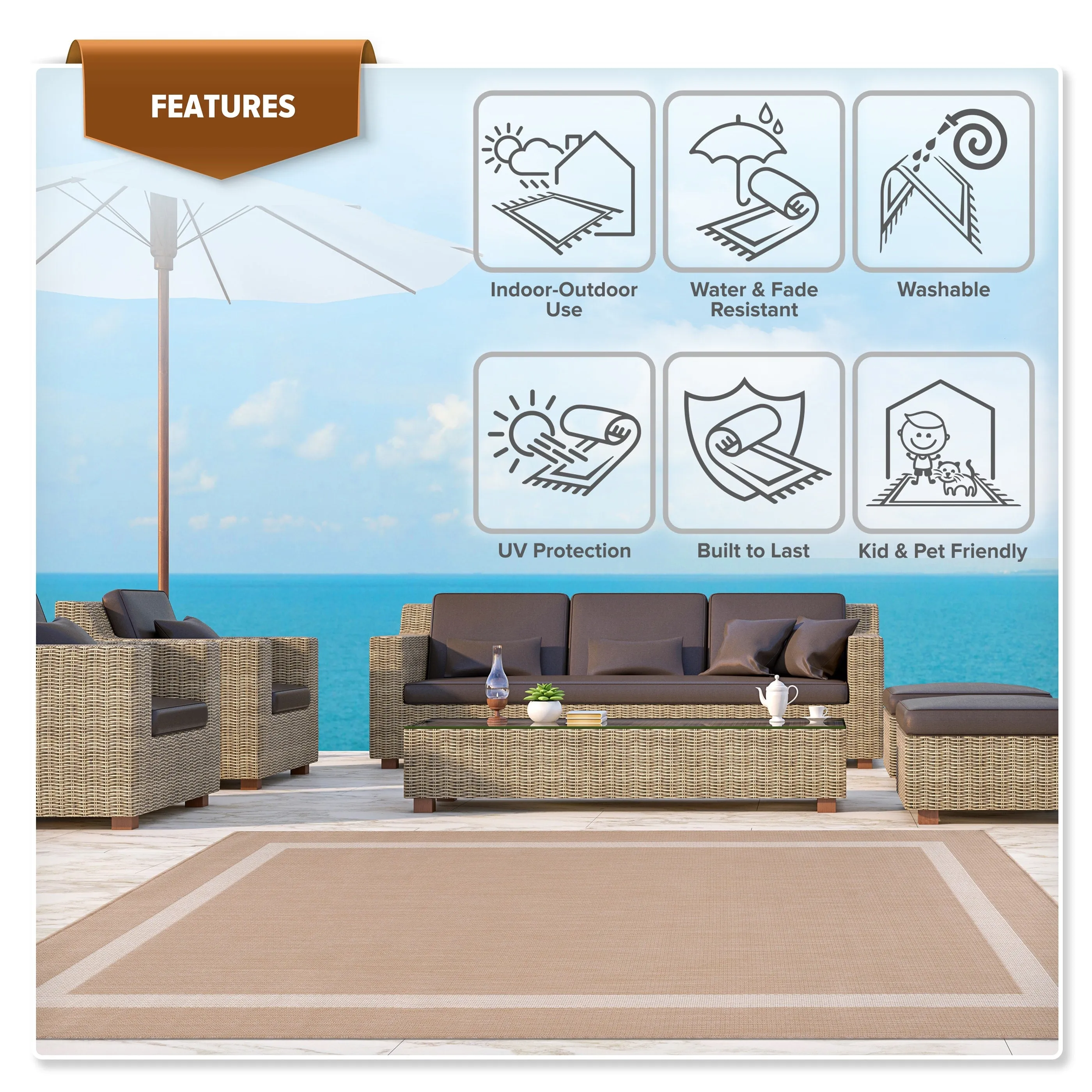 Beverly Rug Bordered Indoor Outdoor Rug. Outside Carpet for Patio. Deck. Porch - Beige