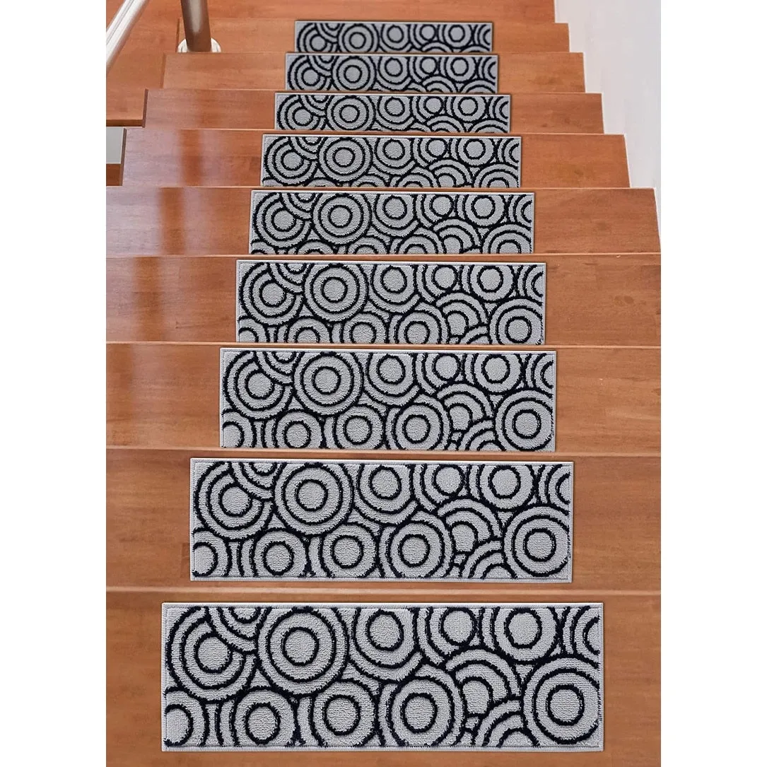 Beverly Rug Indoor Non Slip Carpet Stair Treads w/ Installed Tape 9x 28 Circles Grey / Navy