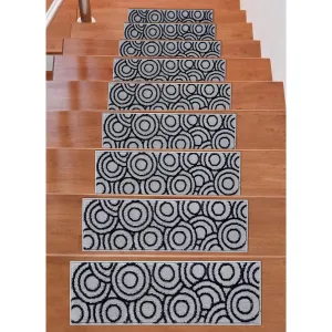 Beverly Rug Indoor Non Slip Carpet Stair Treads w/ Installed Tape 9x 28 Circles Grey / Navy