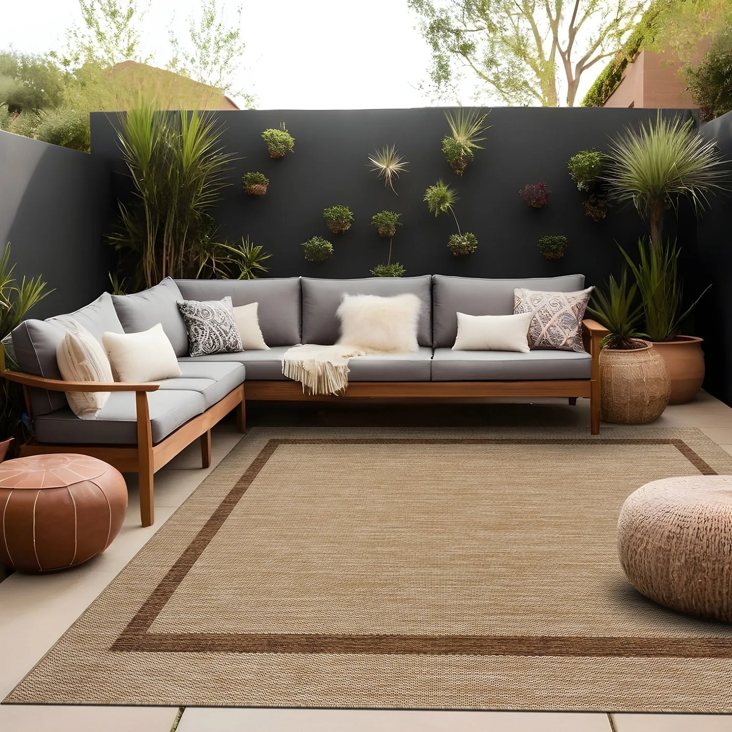 Beverly Rug Modern Bordered Indoor Outdoor Rug. Outside Carpet for Patio. Deck. Porch