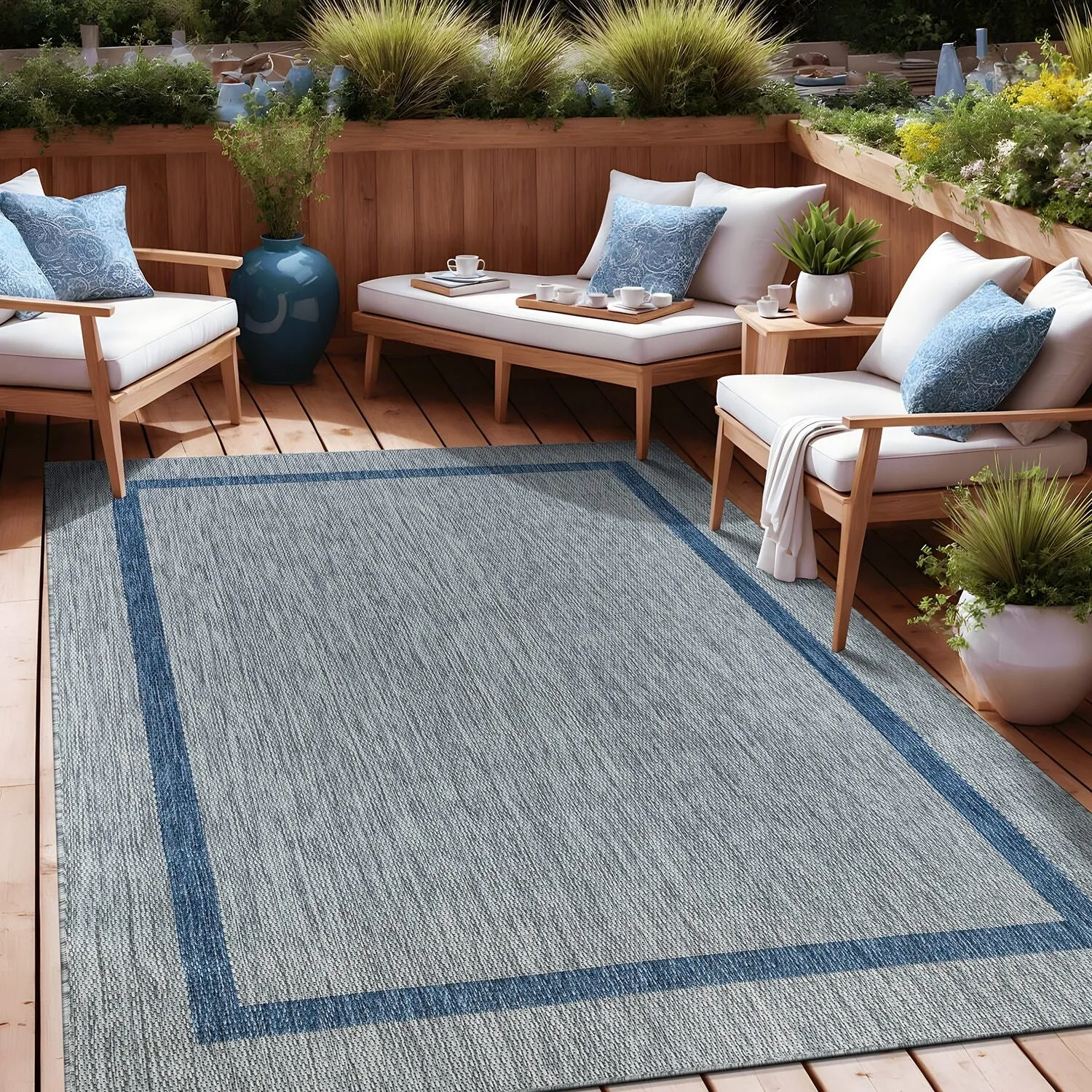 Beverly Rug Modern Bordered Indoor Outdoor Rug. Outside Carpet for Patio. Deck. Porch