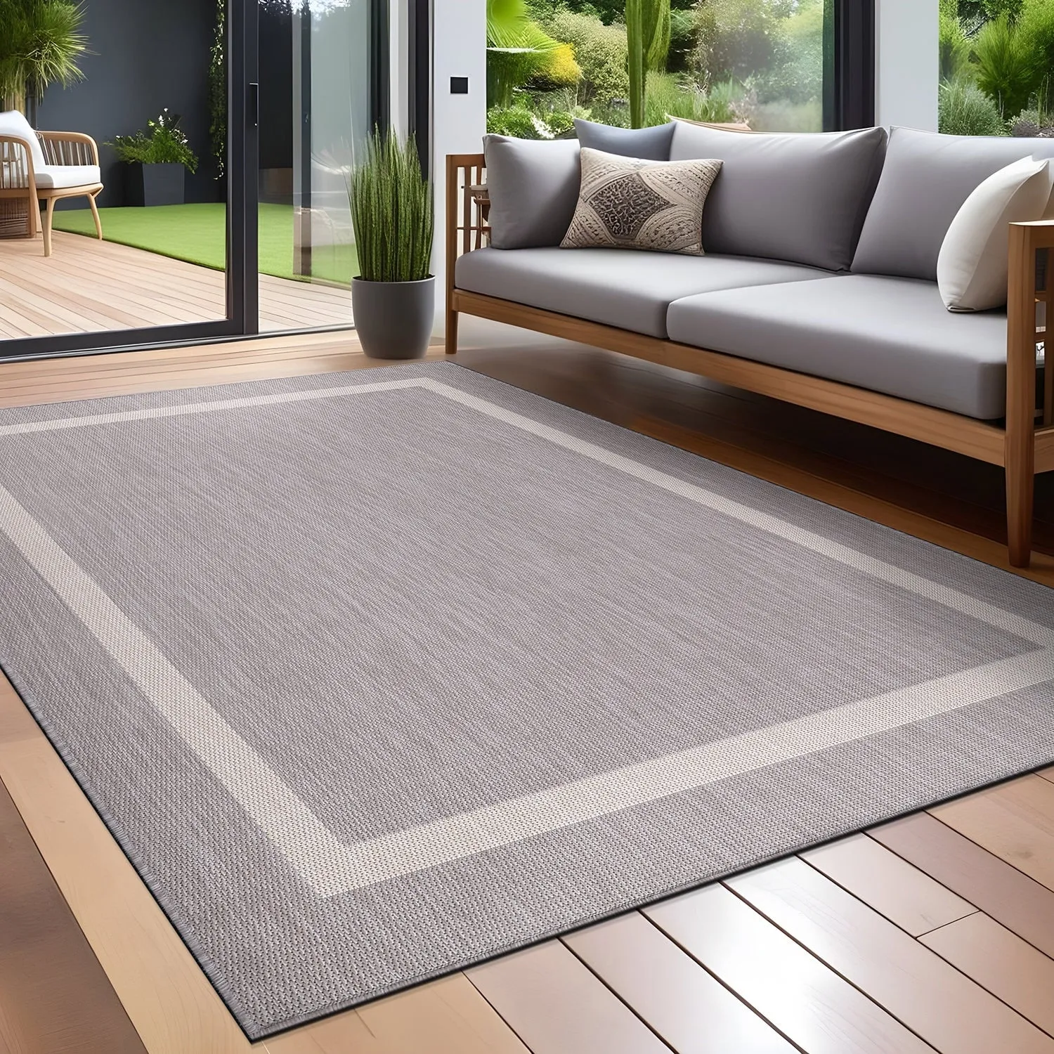 Beverly Rug Modern Bordered Indoor Outdoor Rug. Outside Carpet for Patio. Deck. Porch
