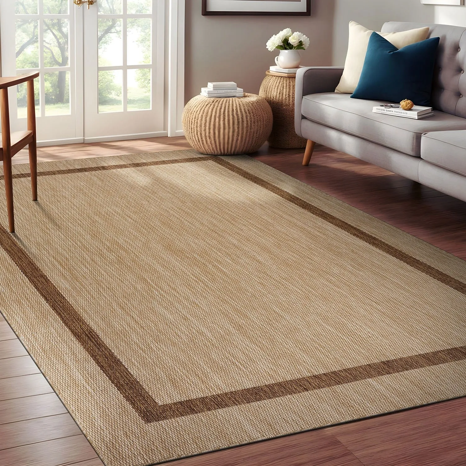Beverly Rug Modern Bordered Indoor Outdoor Rug. Outside Carpet for Patio. Deck. Porch