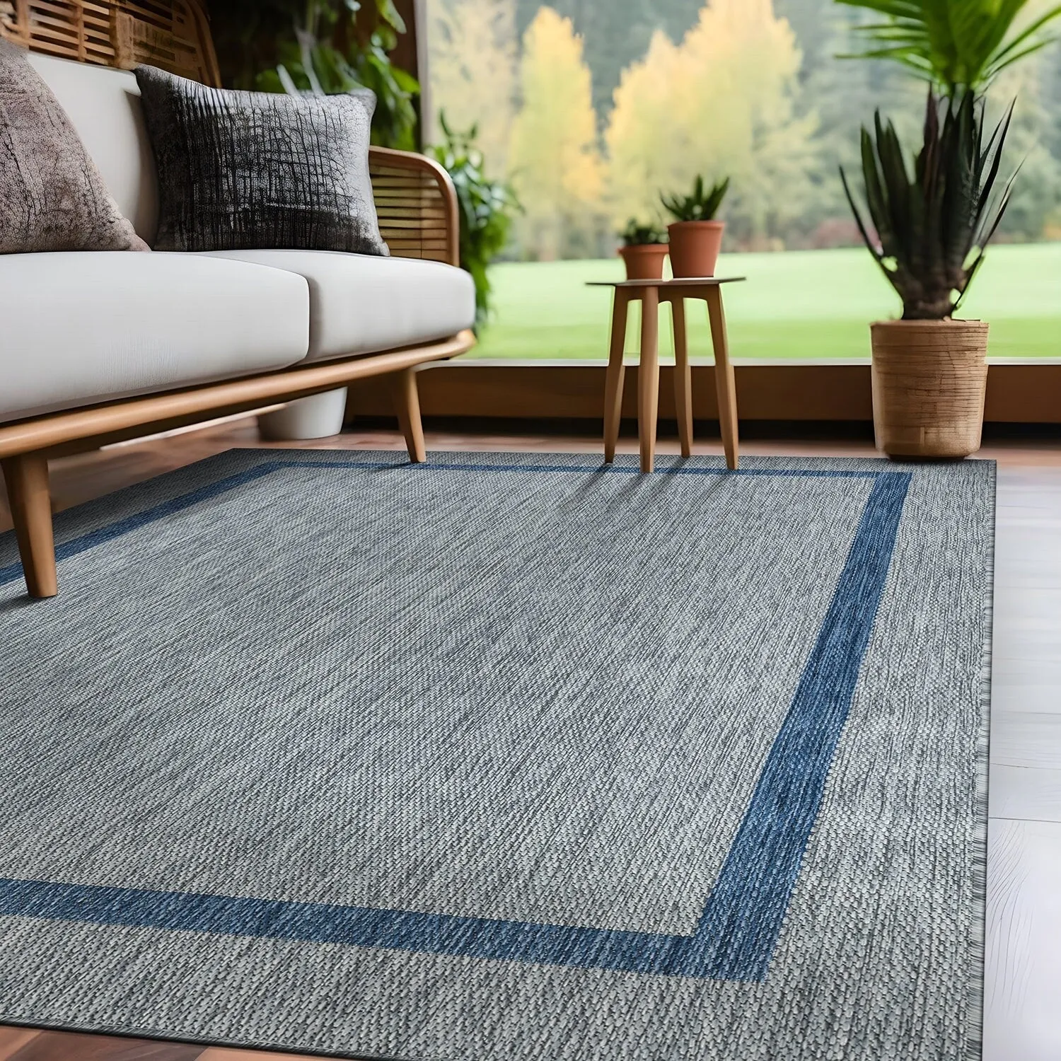 Beverly Rug Modern Bordered Indoor Outdoor Rug. Outside Carpet for Patio. Deck. Porch