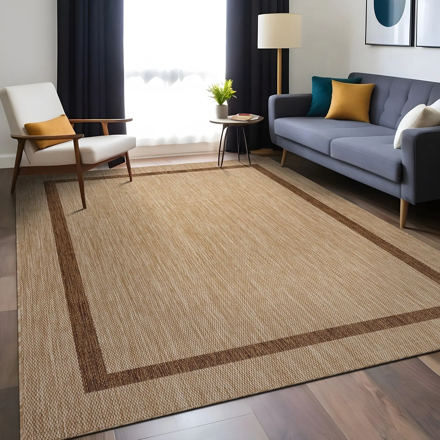 Beverly Rug Modern Bordered Indoor Outdoor Rug. Outside Carpet for Patio. Deck. Porch