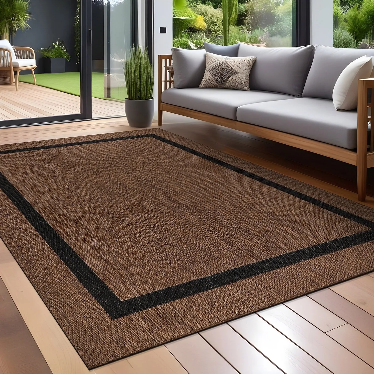 Beverly Rug Modern Bordered Indoor Outdoor Rug. Outside Carpet for Patio. Deck. Porch