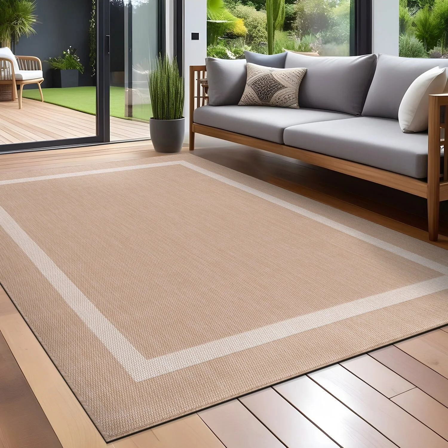 Beverly Rug Modern Bordered Indoor Outdoor Rug. Outside Carpet for Patio. Deck. Porch