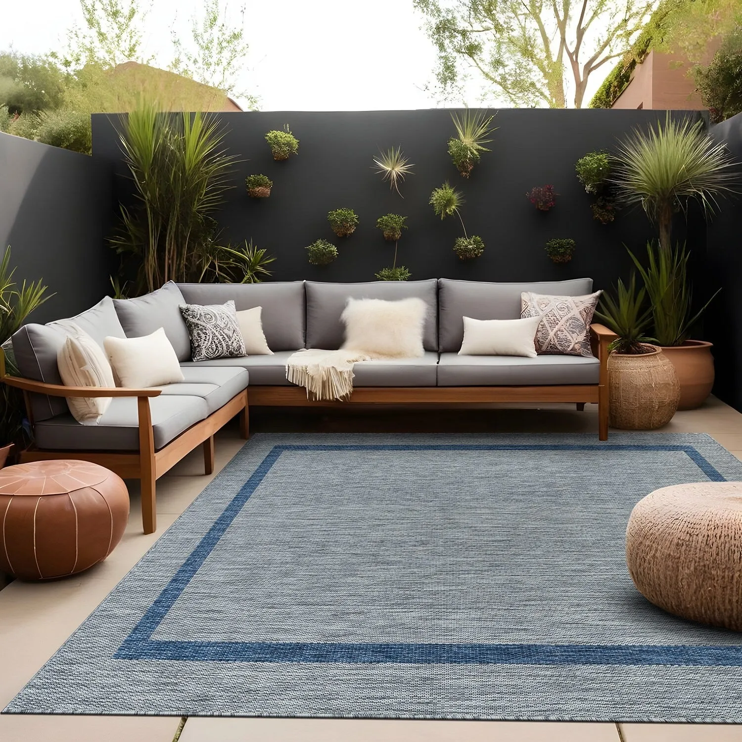 Beverly Rug Modern Bordered Indoor Outdoor Rug. Outside Carpet for Patio. Deck. Porch