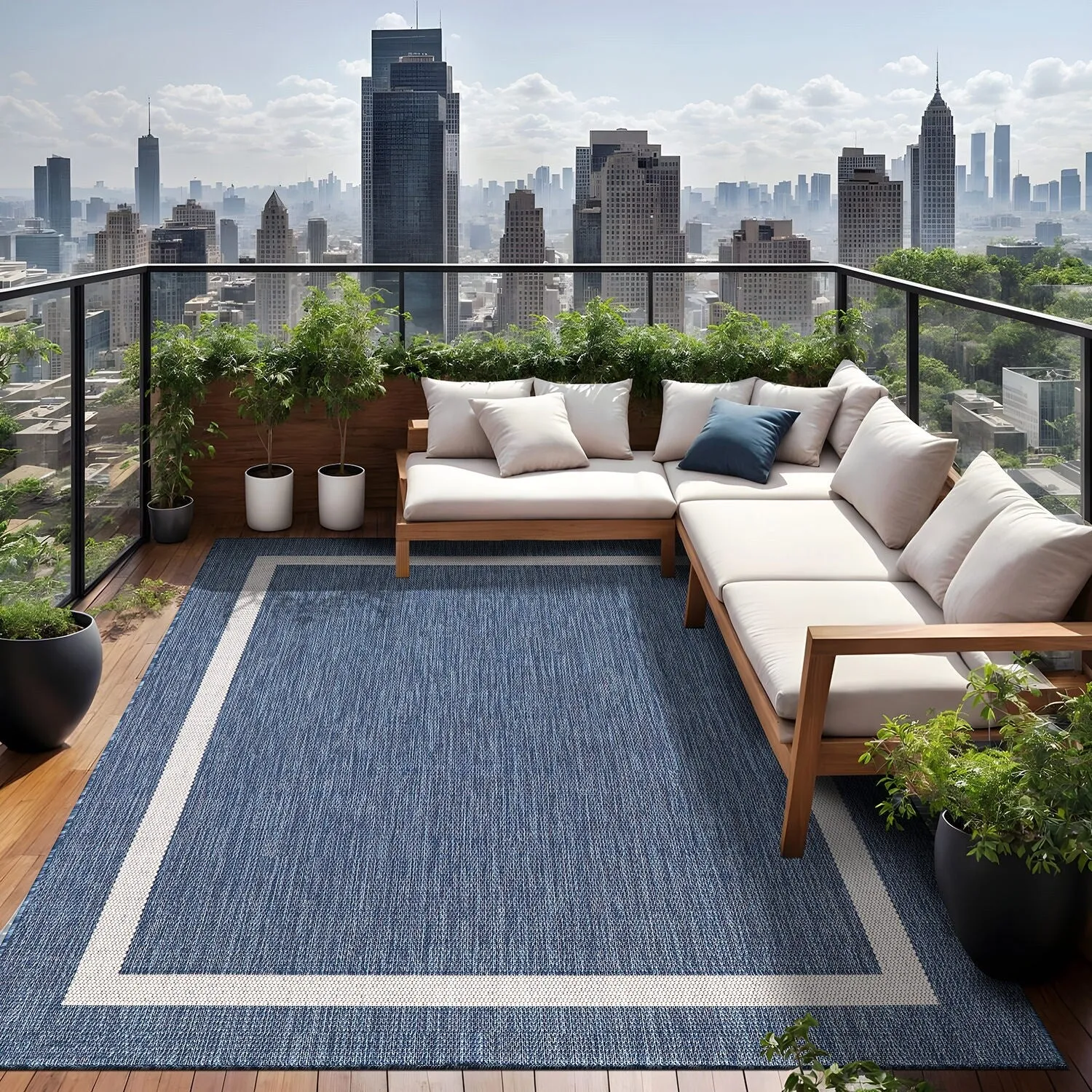 Beverly Rug Modern Bordered Indoor Outdoor Rug. Outside Carpet for Patio. Deck. Porch