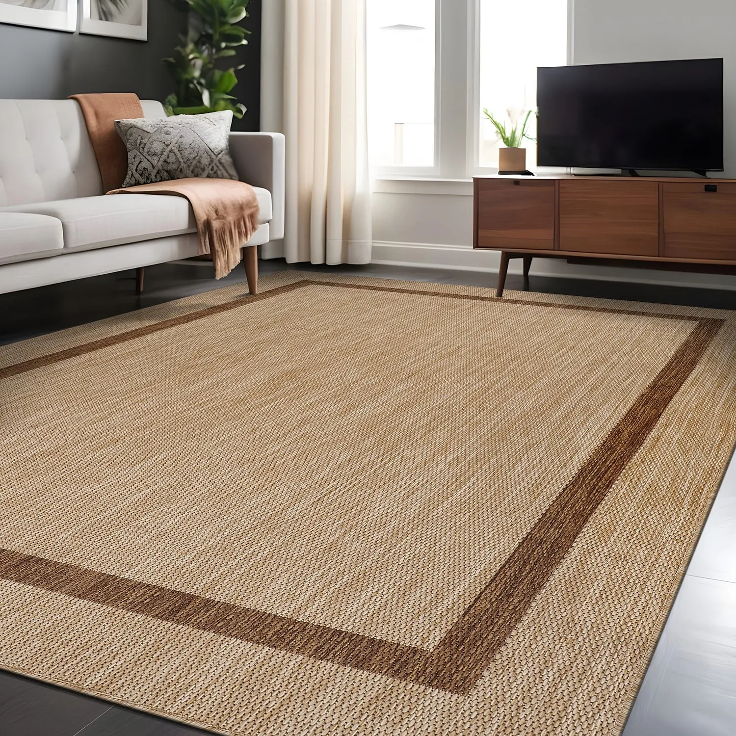 Beverly Rug Modern Bordered Indoor Outdoor Rug. Outside Carpet for Patio. Deck. Porch