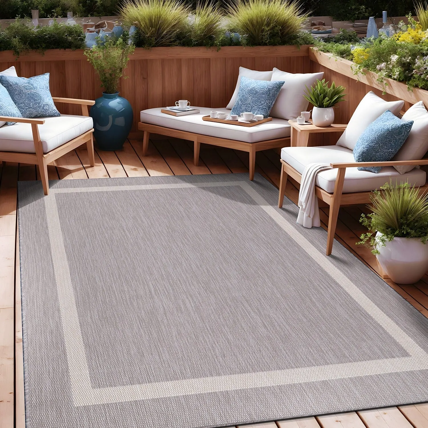 Beverly Rug Modern Bordered Indoor Outdoor Rug. Outside Carpet for Patio. Deck. Porch