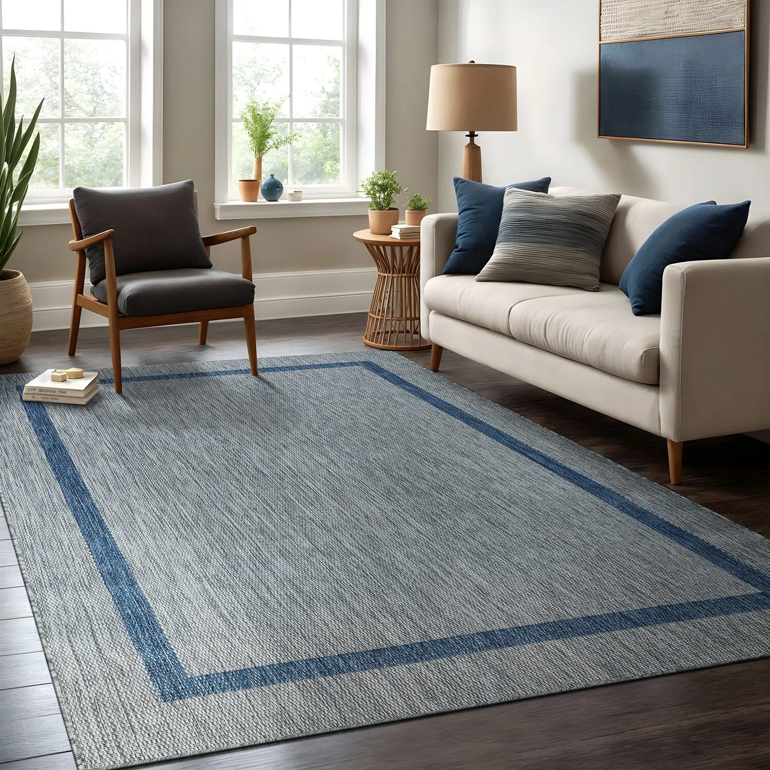 Beverly Rug Modern Bordered Indoor Outdoor Rug. Outside Carpet for Patio. Deck. Porch