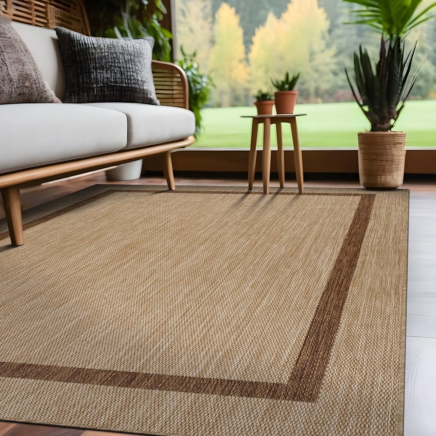 Beverly Rug Modern Bordered Indoor Outdoor Rug. Outside Carpet for Patio. Deck. Porch