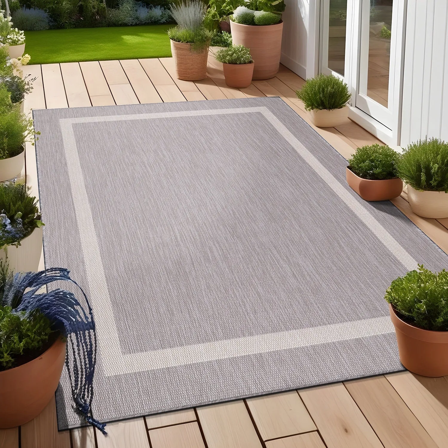 Beverly Rug Modern Bordered Indoor Outdoor Rug. Outside Carpet for Patio. Deck. Porch