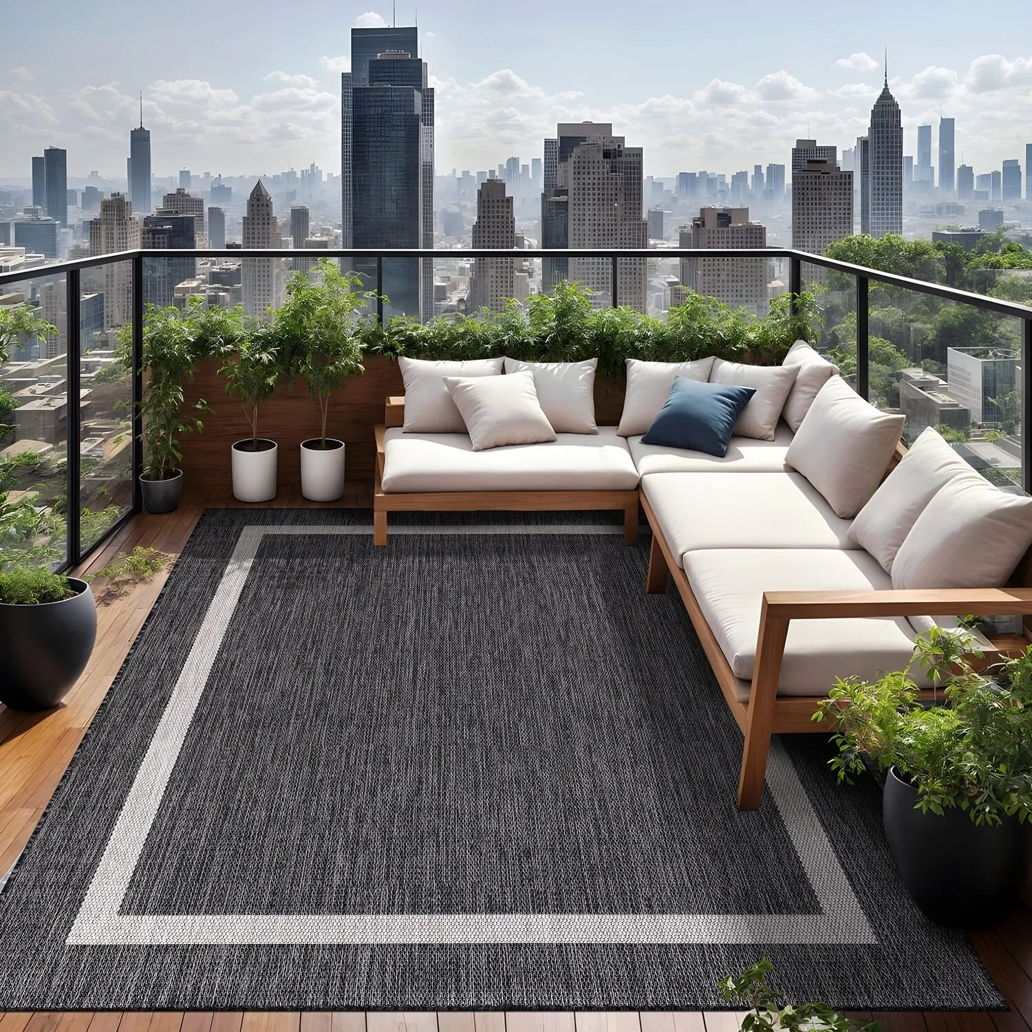 Beverly Rug Modern Bordered Indoor Outdoor Rug. Outside Carpet for Patio. Deck. Porch