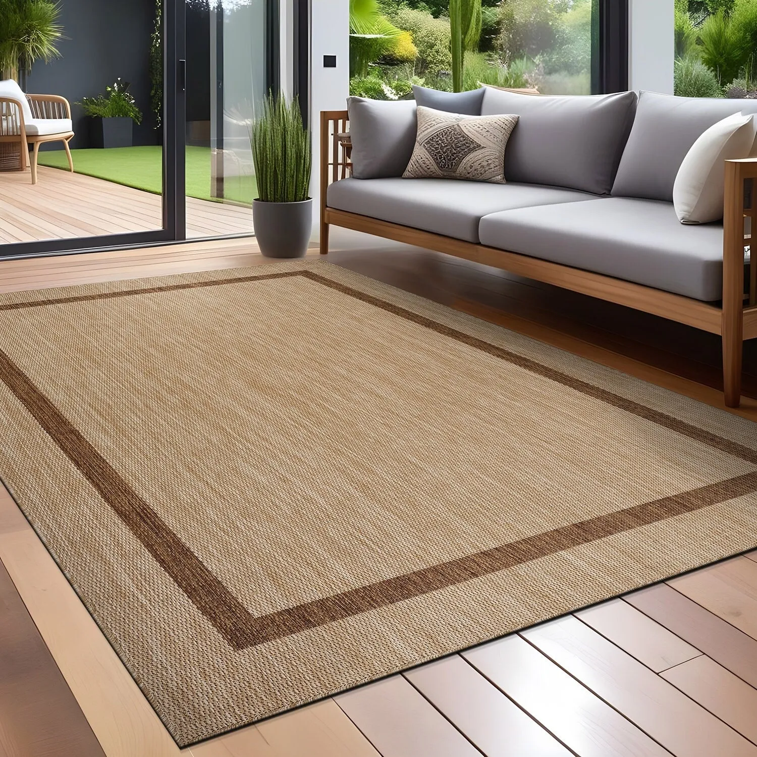 Beverly Rug Modern Bordered Indoor Outdoor Rug. Outside Carpet for Patio. Deck. Porch