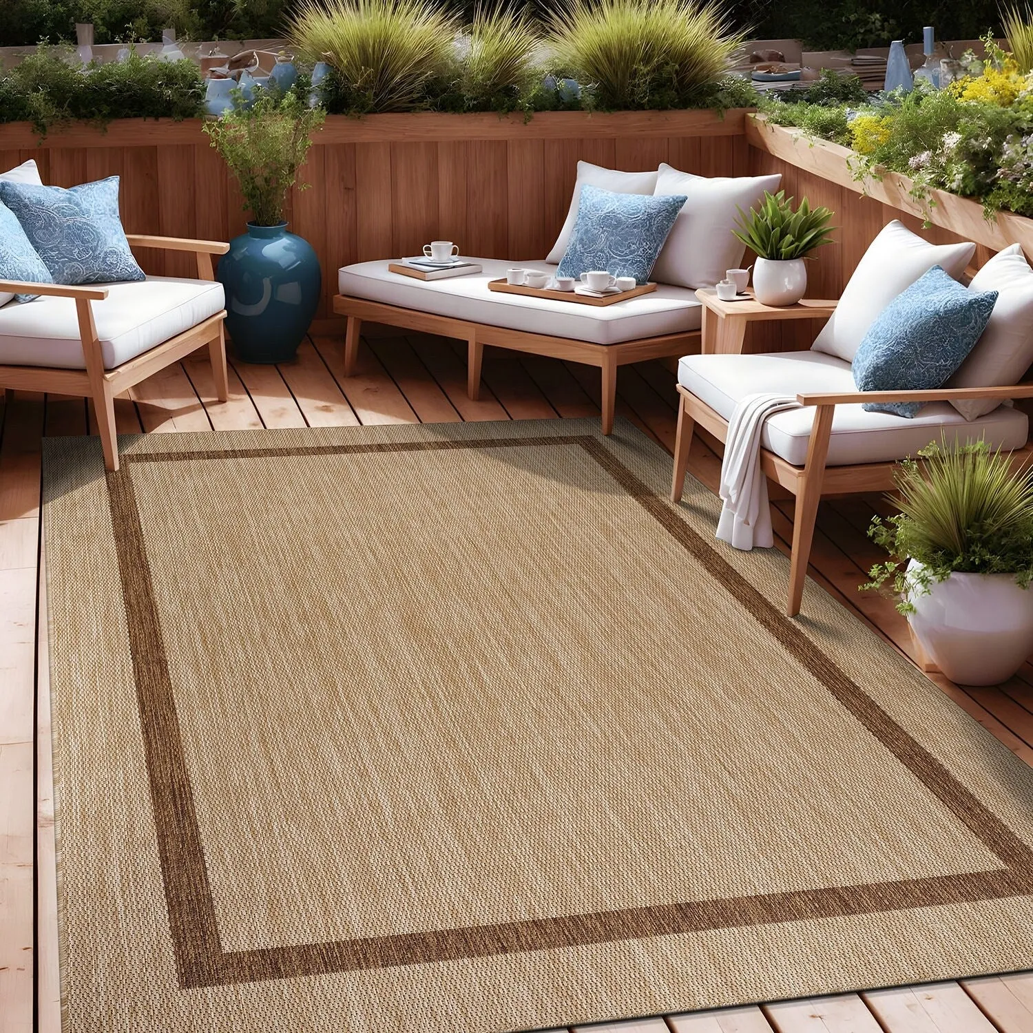 Beverly Rug Modern Bordered Indoor Outdoor Rug. Outside Carpet for Patio. Deck. Porch