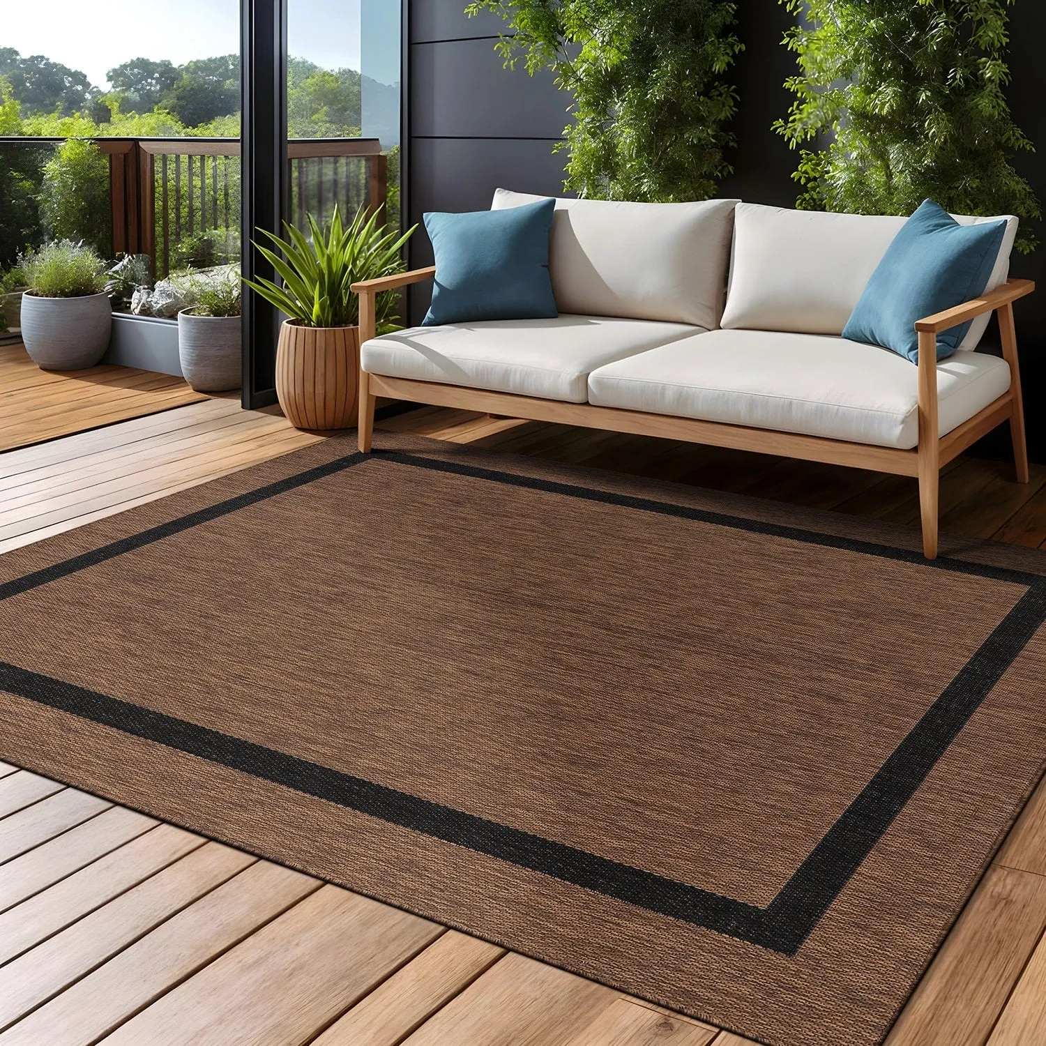 Beverly Rug Modern Bordered Indoor Outdoor Rug. Outside Carpet for Patio. Deck. Porch
