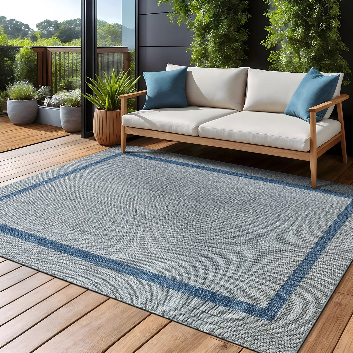 Beverly Rug Modern Bordered Indoor Outdoor Rug. Outside Carpet for Patio. Deck. Porch