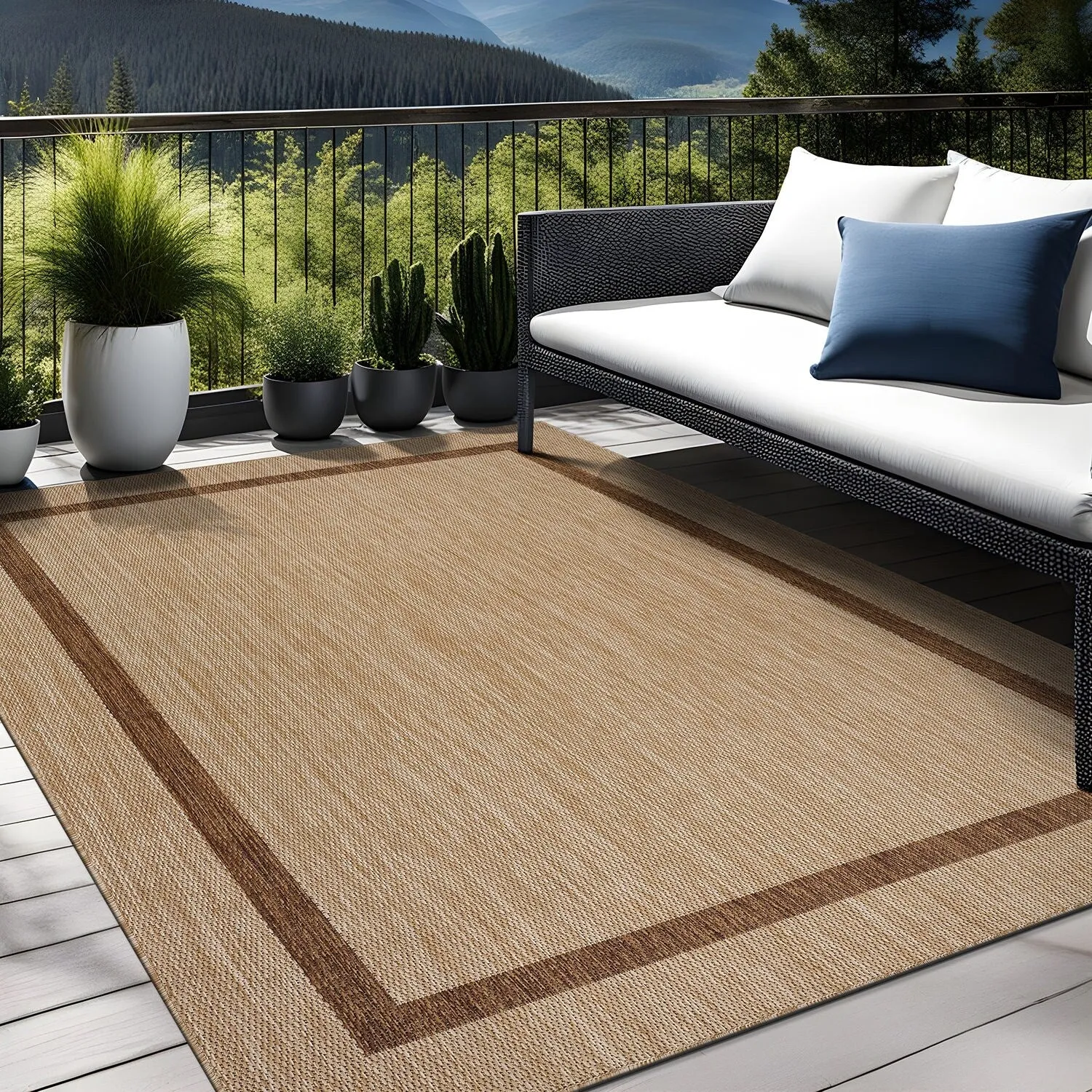 Beverly Rug Modern Bordered Indoor Outdoor Rug. Outside Carpet for Patio. Deck. Porch