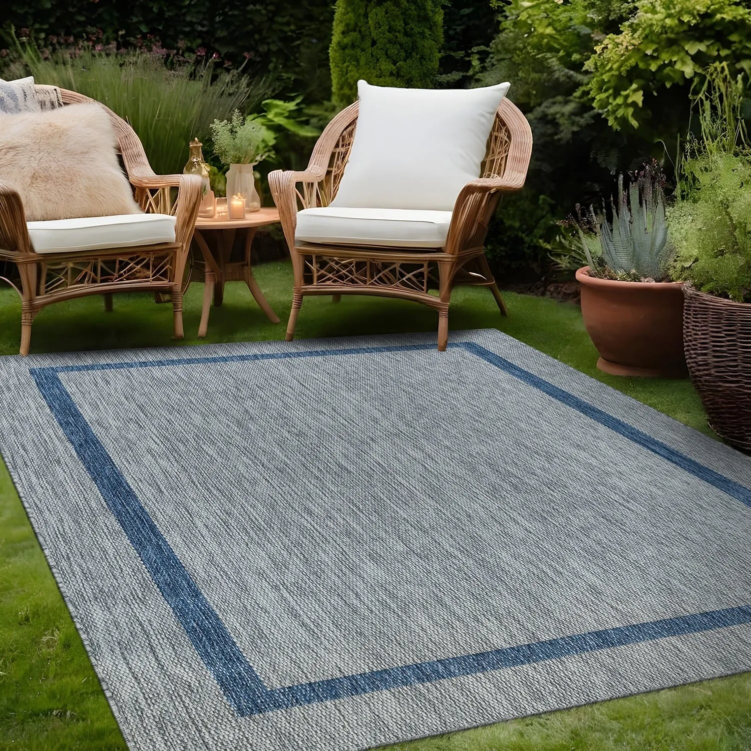 Beverly Rug Modern Bordered Indoor Outdoor Rug. Outside Carpet for Patio. Deck. Porch