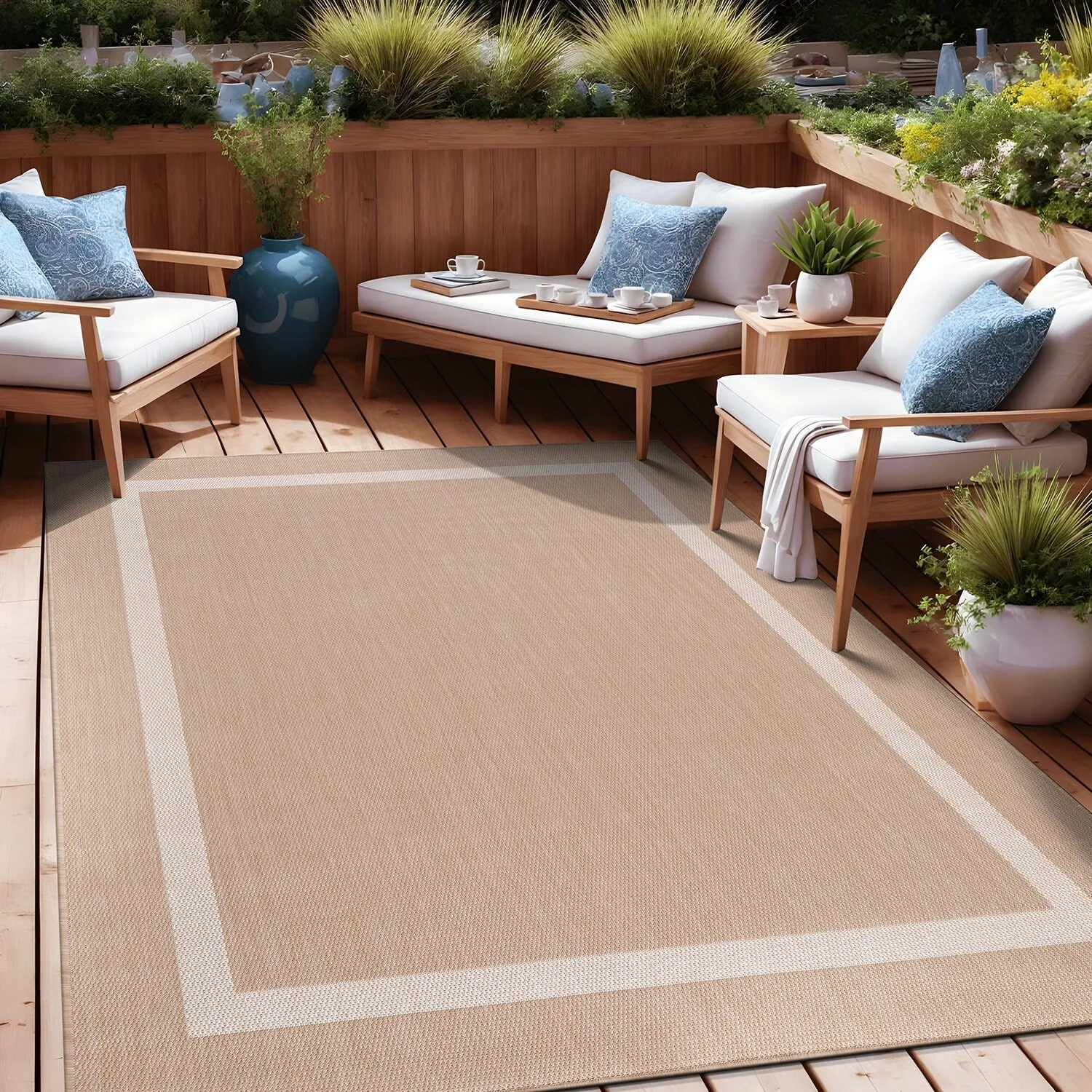 Beverly Rug Modern Bordered Indoor Outdoor Rug. Outside Carpet for Patio. Deck. Porch