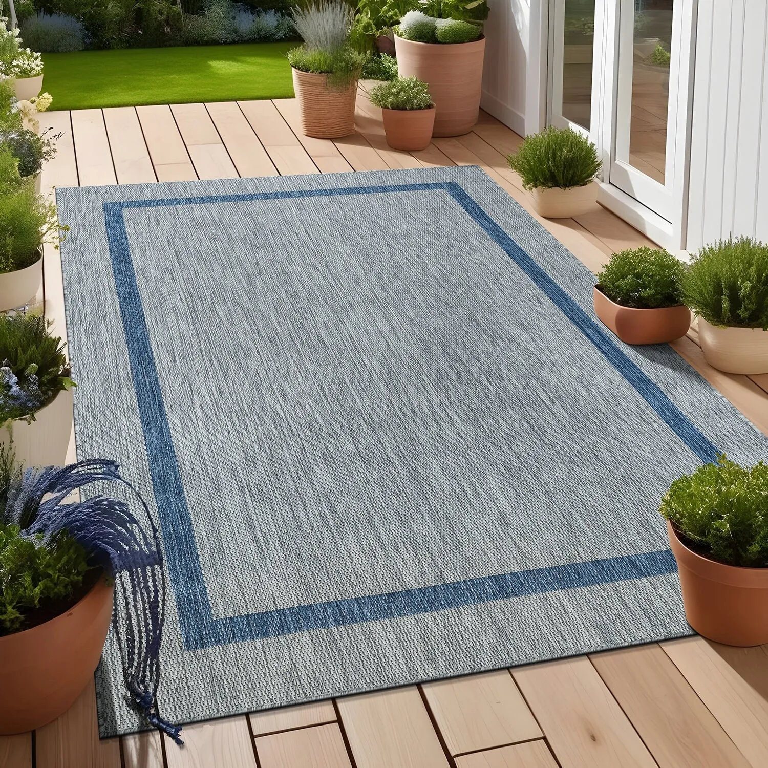 Beverly Rug Modern Bordered Indoor Outdoor Rug. Outside Carpet for Patio. Deck. Porch