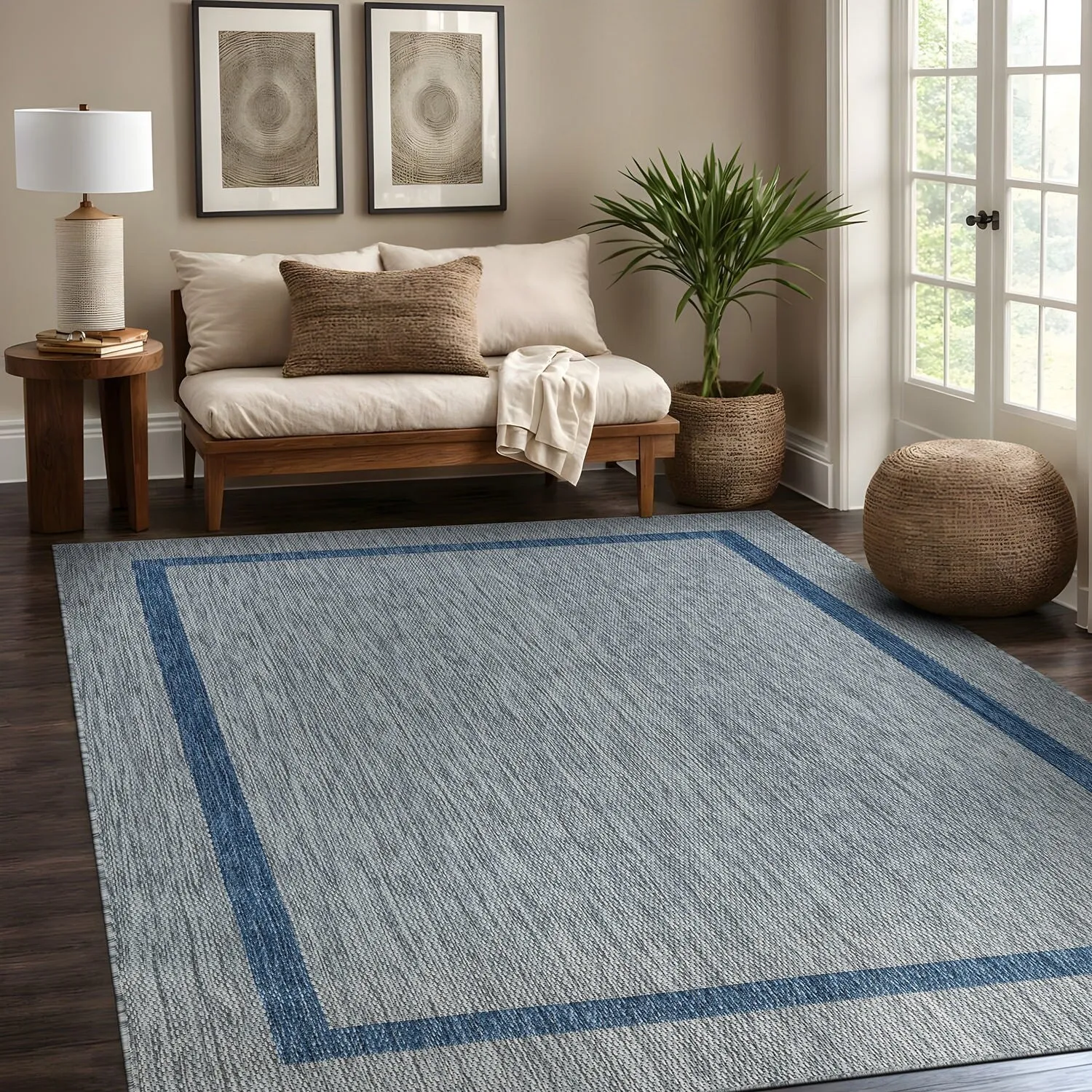 Beverly Rug Modern Bordered Indoor Outdoor Rug. Outside Carpet for Patio. Deck. Porch