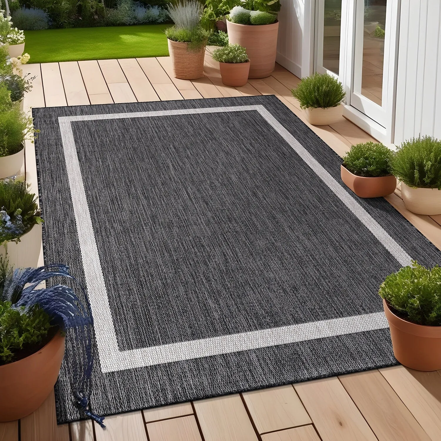 Beverly Rug Modern Bordered Indoor Outdoor Rug. Outside Carpet for Patio. Deck. Porch