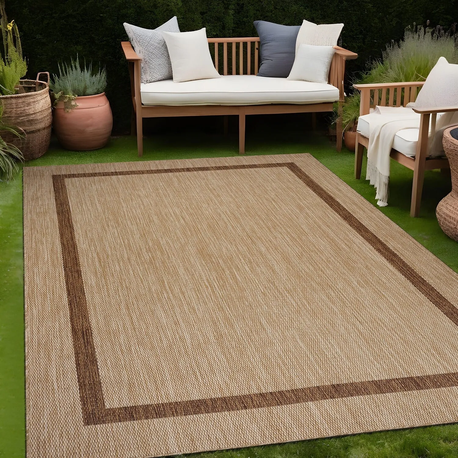 Beverly Rug Modern Bordered Indoor Outdoor Rug. Outside Carpet for Patio. Deck. Porch