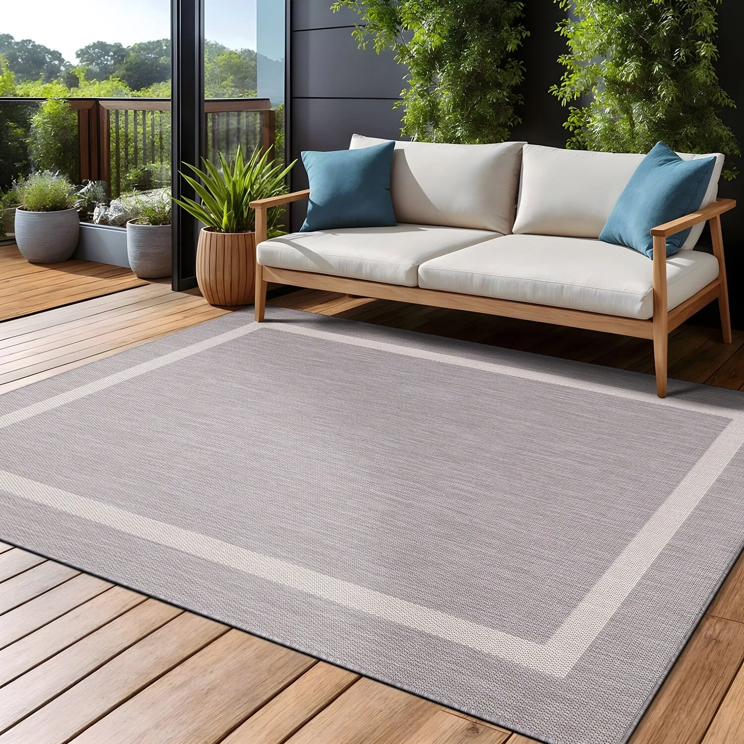 Beverly Rug Modern Bordered Indoor Outdoor Rug. Outside Carpet for Patio. Deck. Porch