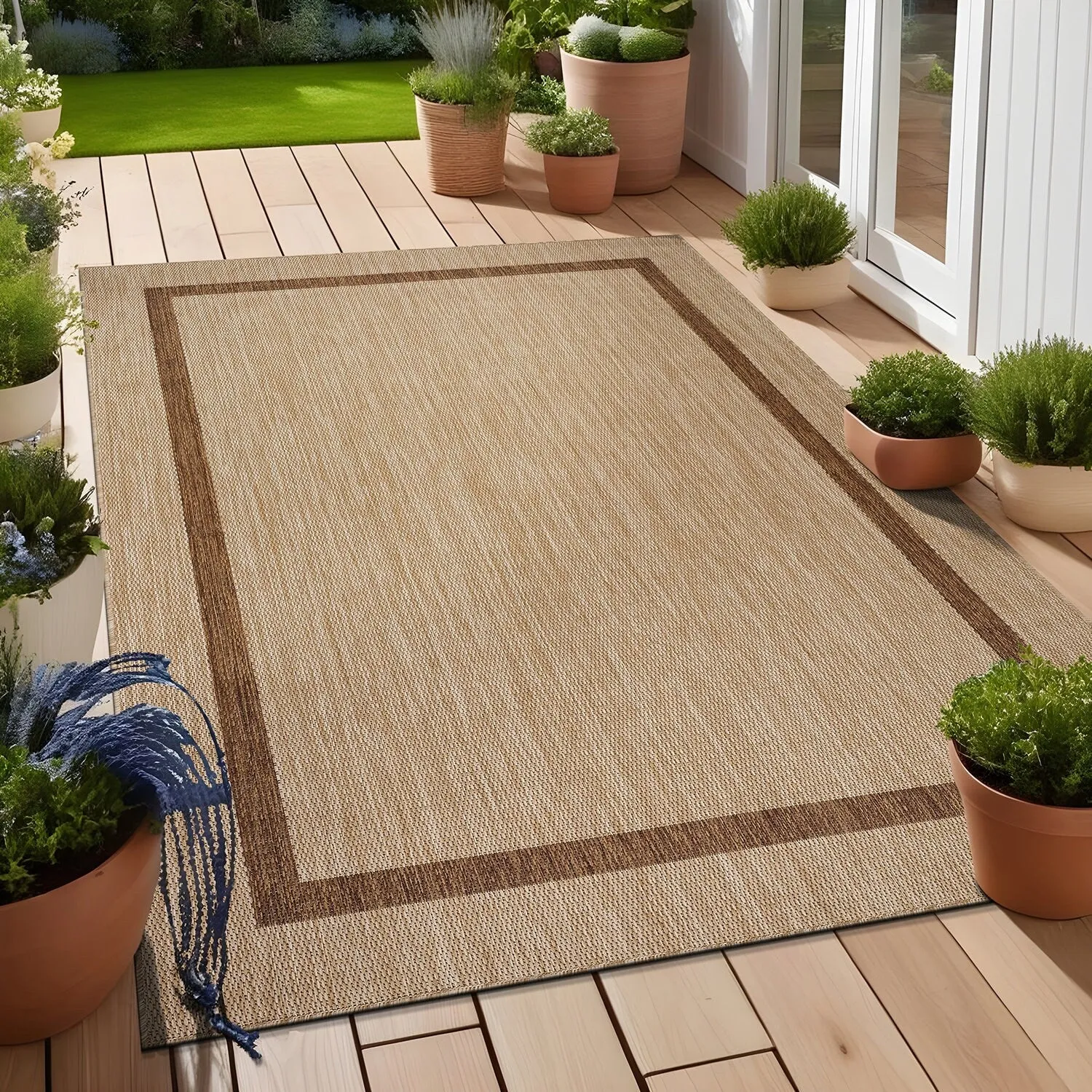 Beverly Rug Modern Bordered Indoor Outdoor Rug. Outside Carpet for Patio. Deck. Porch