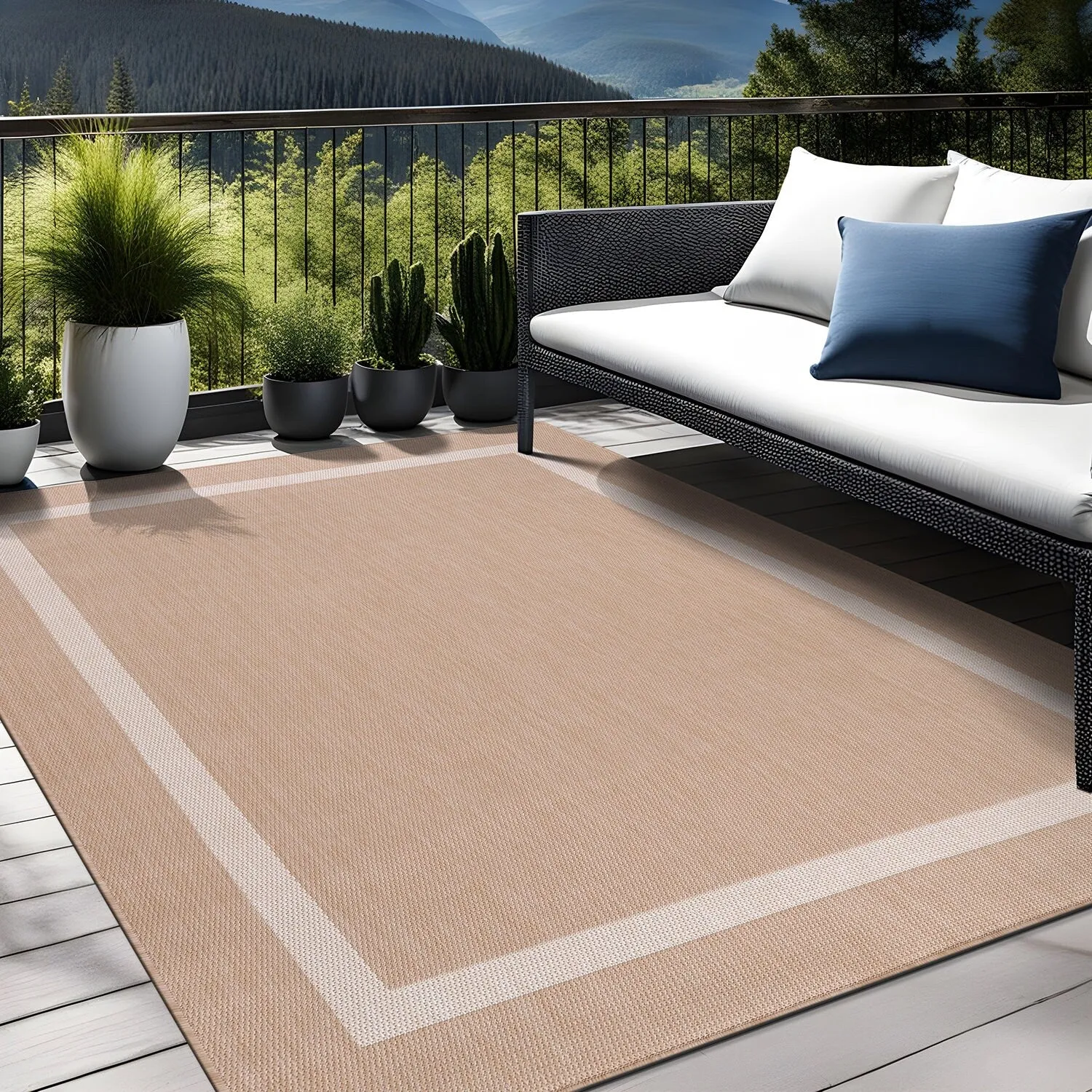 Beverly Rug Modern Bordered Indoor Outdoor Rug. Outside Carpet for Patio. Deck. Porch